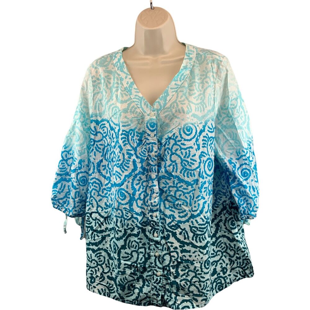 Just My Size Womens 1X Top Button Up 3/4 Sleeve VNeck Cotton Dip Dye Lightweight
